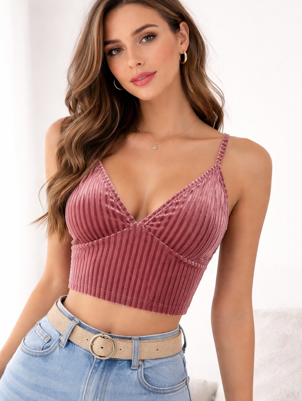 Shein Sexy Crop Top Pink Ribbed Velour Knit Stretch Sz XL Festival Beachy Y2K